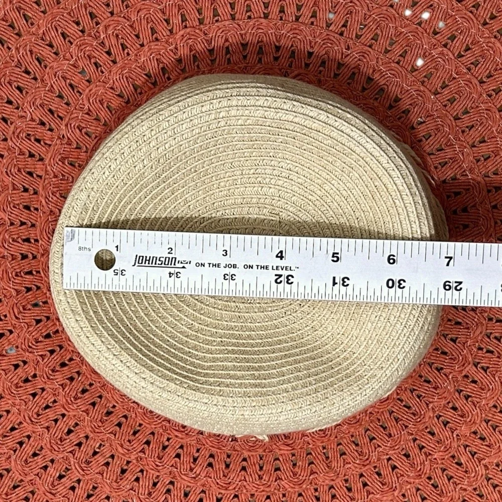 CAPPELLI Wide Brim Straw Hat Beige Orange Rope Band Metal Flower OS Summertime